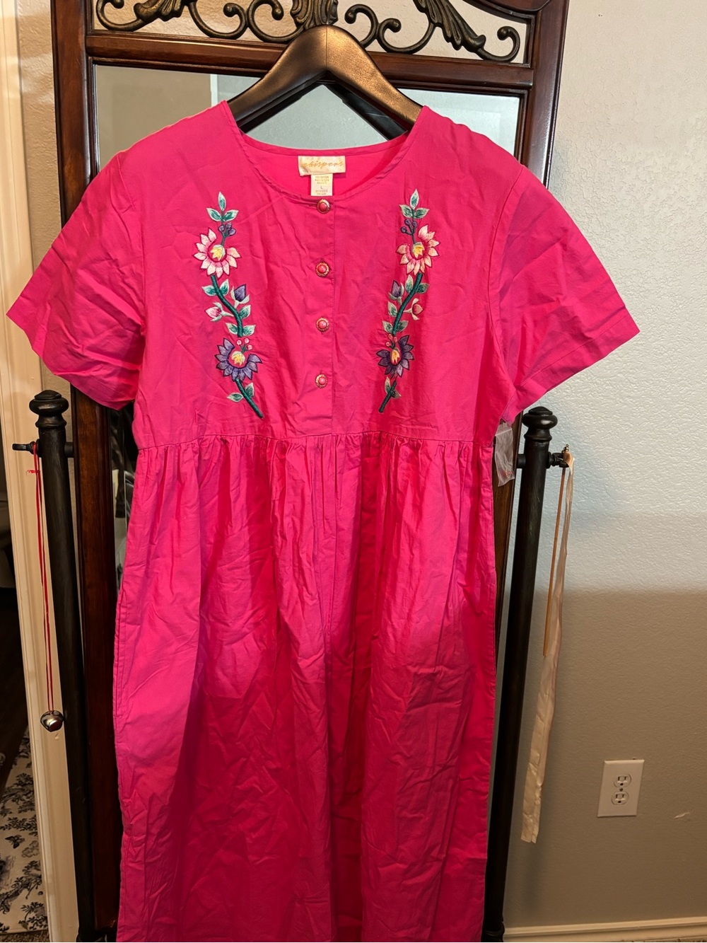 NWT 100% Cotton Hot Pink Floral Embroidered Maxi Dress Size M